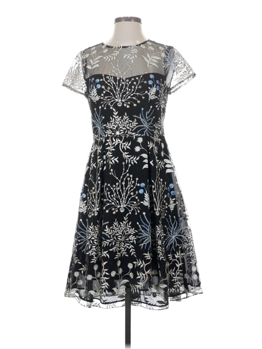 Adrianna Papell Black Midi Dress with White & Light Blue Embroidery